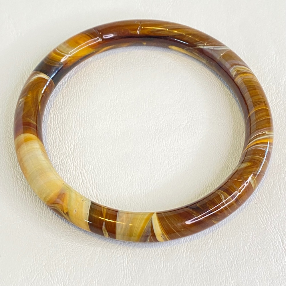 Vintage Art Glass Bangle Bracelet Amber Brown Marbled Swirl 8.25"‎